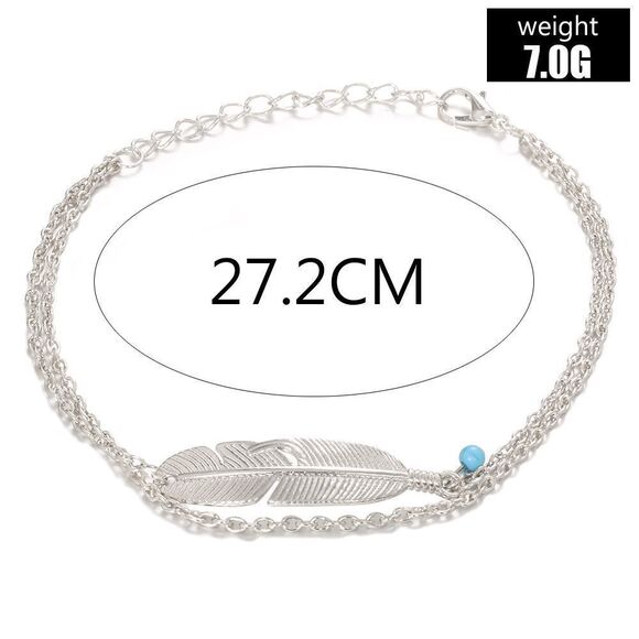 SILVER DOUBLE CHAIN FEATHER AND TURQUOISE HANGING CHARM BOHO ANKLET - Picture 4 of 5